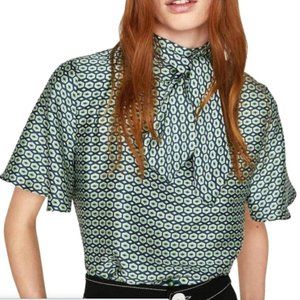 Zara Green Patterned Short Sleeve Blouse NWT